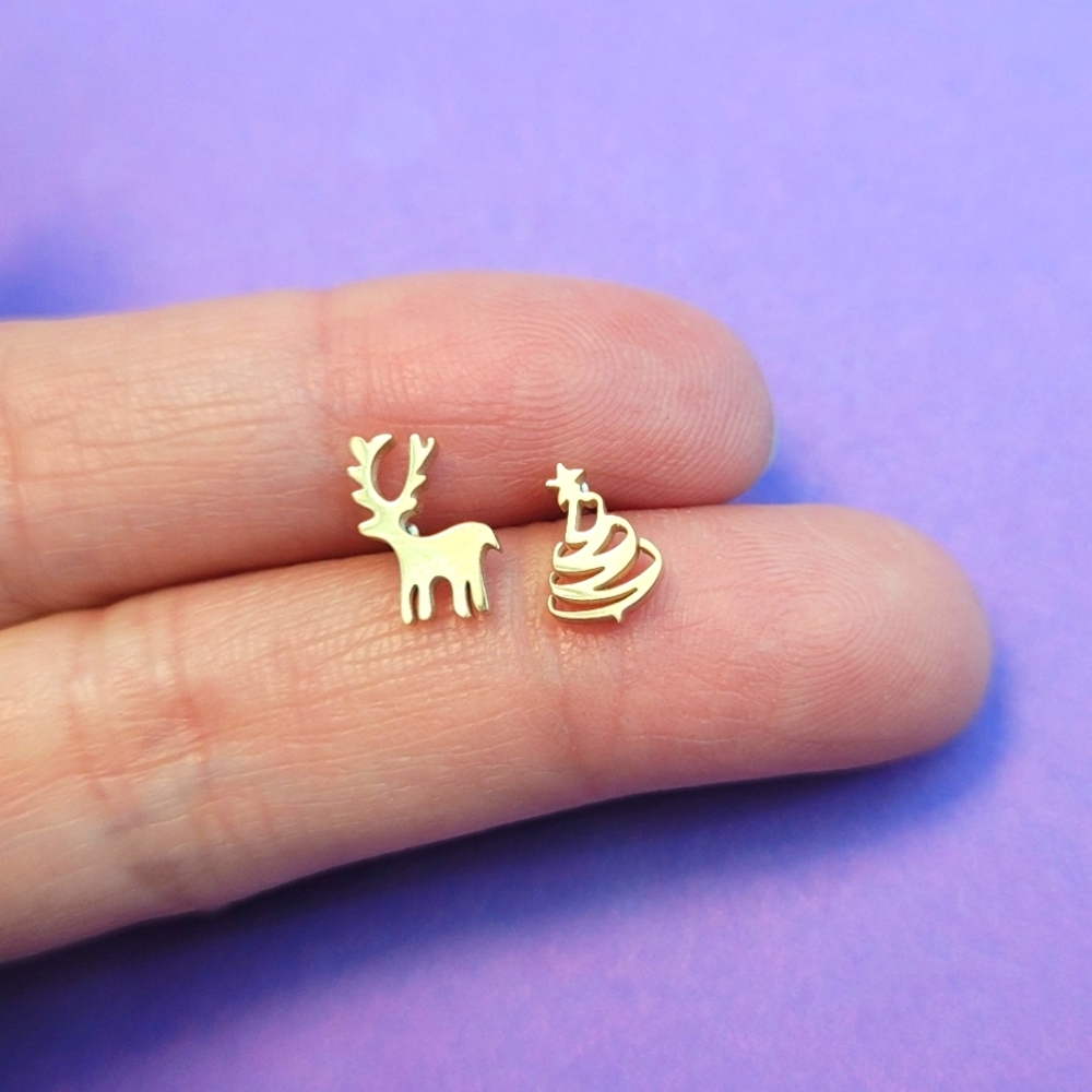 Festive reindeer & tree  shaped rose gold color stainless steel stud earrings
